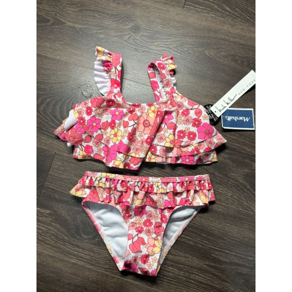 Nicole Miller Girls Swimsuit Size 6 Pink Floral 2 Piece Ruffle Bikini NWT